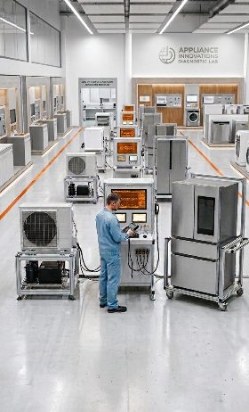Technician testing refrigerators and HVAC units in an appliance lab